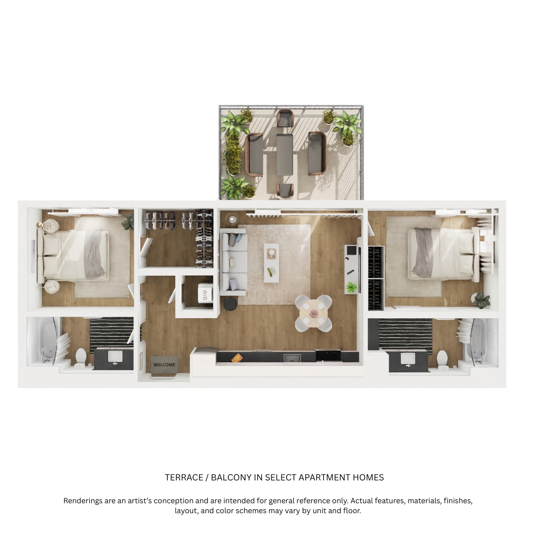 Floor plan for 2 beds, 2 baths, 800 sqft